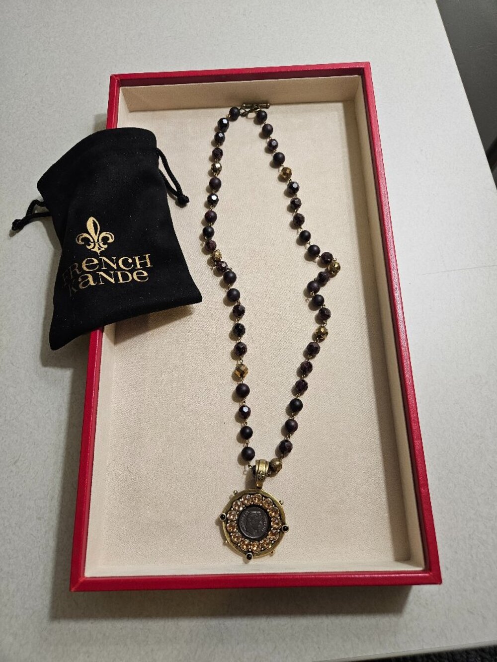 French Kande Golden Garnet Mix with Swarovski Bezel and Mini Napoleon Pendant